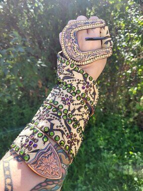 Vintage b.b. Simon Crystal Western Leather Belt Olive Green Rhinestone